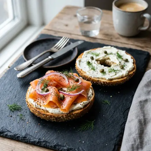 Valmis bagel lohella ja tuorejuustolla tarjoiltuna herkullisesti kotikeittiön tapaan