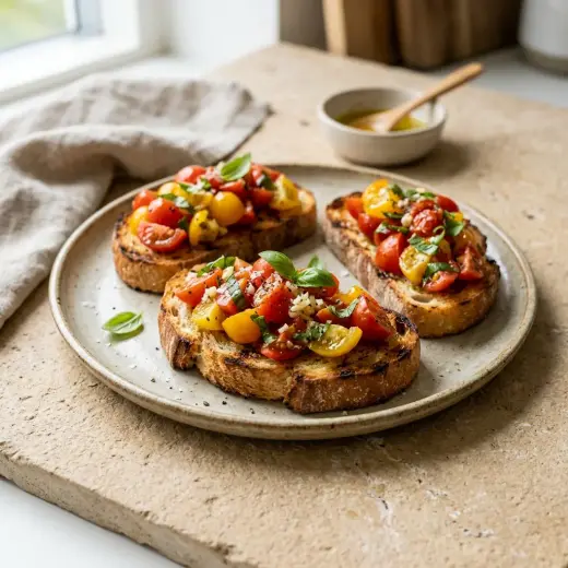Valmis bruschetta tomaatilla tarjoiltuna herkullisesti kotikeittiön tapaan