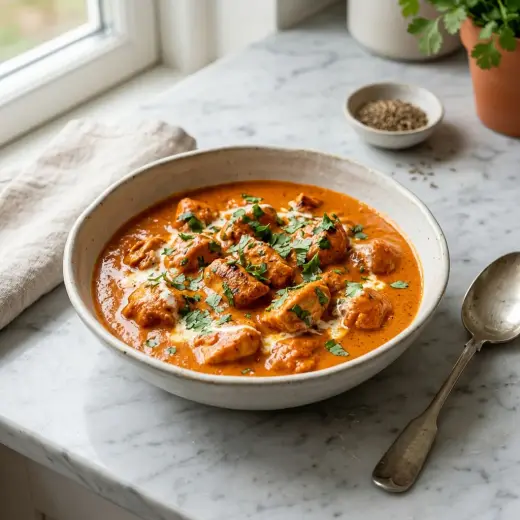 Valmis butter chicken tarjoiltuna herkullisesti kotikeittiön tapaan
