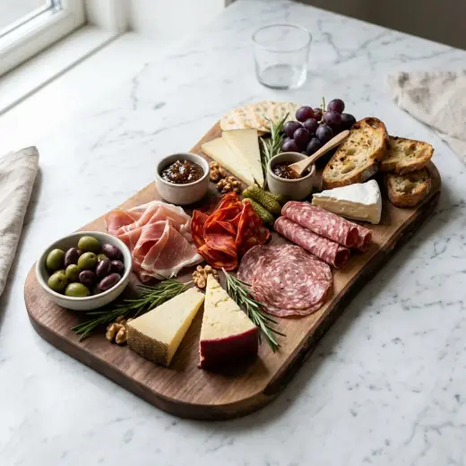 Valmis charcuterie tarjoiltuna herkullisesti kotikeittiön tapaan