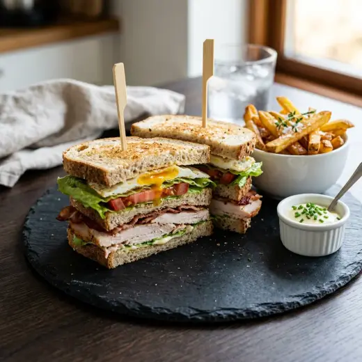 Valmis club sandwich kalkkunalla tarjoiltuna herkullisesti kotikeittiön tapaan