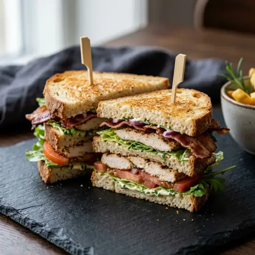 Valmis club sandwich kanalla tarjoiltuna herkullisesti kotikeittiön tapaan