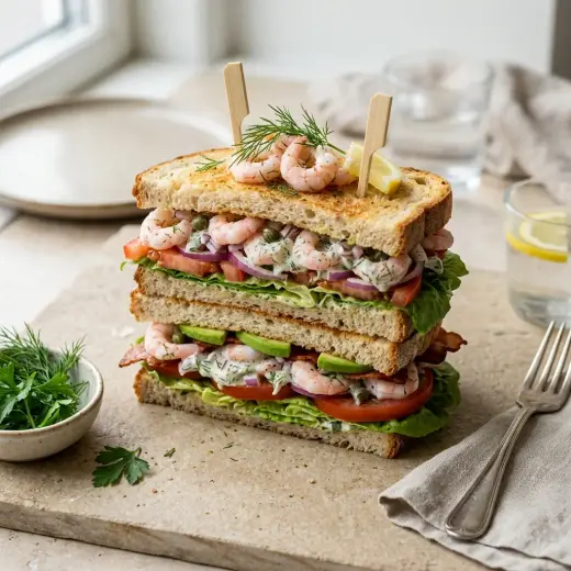 Valmis club sandwich katkaravuilla tarjoiltuna herkullisesti kotikeittiön tapaan