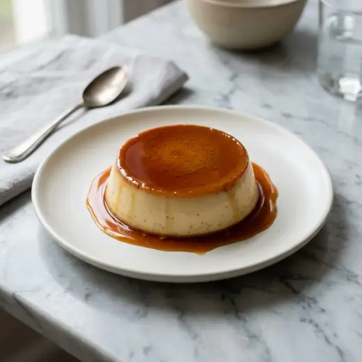 Valmis crème caramel tarjoiltuna herkullisesti kotikeittiön tapaan
