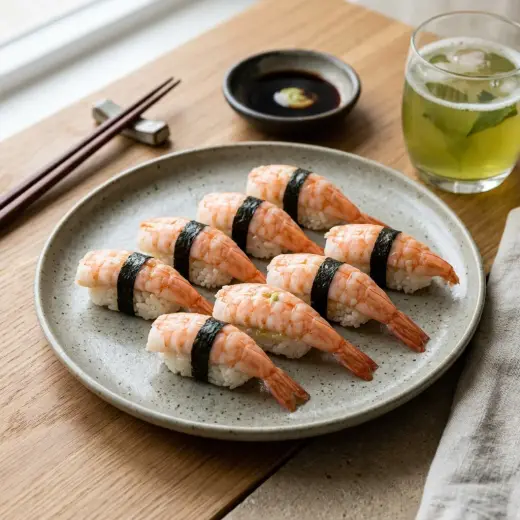 Valmis ebi sushi tarjoiltuna herkullisesti kotikeittiön tapaan
