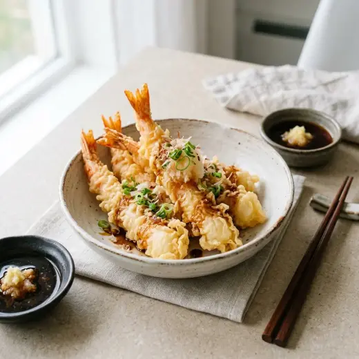 Valmis ebi tempura tarjoiltuna herkullisesti kotikeittiön tapaan