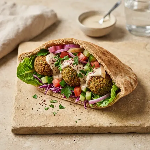 Tuore falafel pitaleivässä tarjoiltuna ja valmiina nautittavaksi