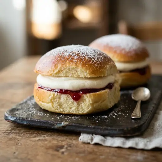 Valmis fastelavnsboller tarjoiltuna herkullisesti kotikeittiön tapaan
