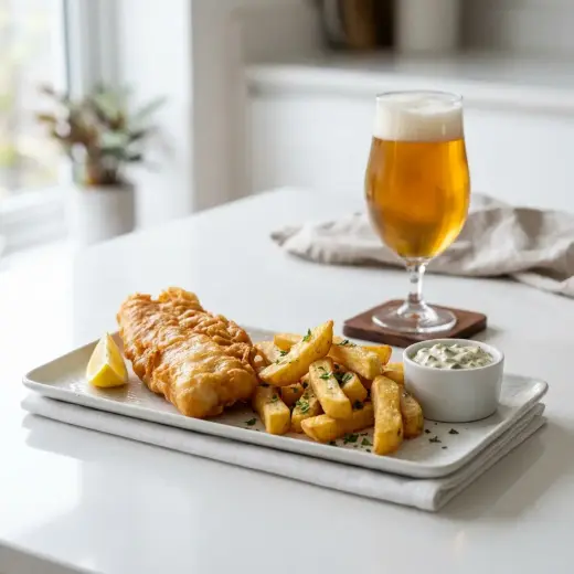 Valmis fish and chips tarjoiltuna herkullisesti kotikeittiön tapaan