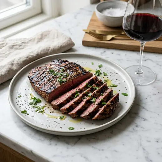 Valmis flank steak grillissä tarjoiltuna herkullisesti kotikeittiön tapaan