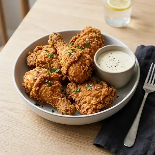 Valmis fried chicken tarjoiltuna herkullisesti kotikeittiön tapaan