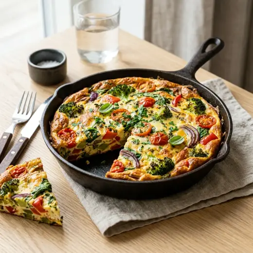 Valmis frittata kasviksilla tarjoiltuna herkullisesti kotikeittiön tapaan