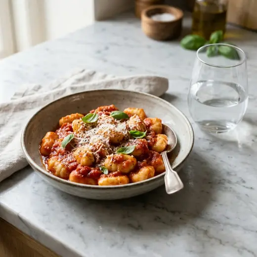 Valmis gnocchi tomaattikastikkeella tarjoiltuna herkullisesti kotikeittiön tapaan