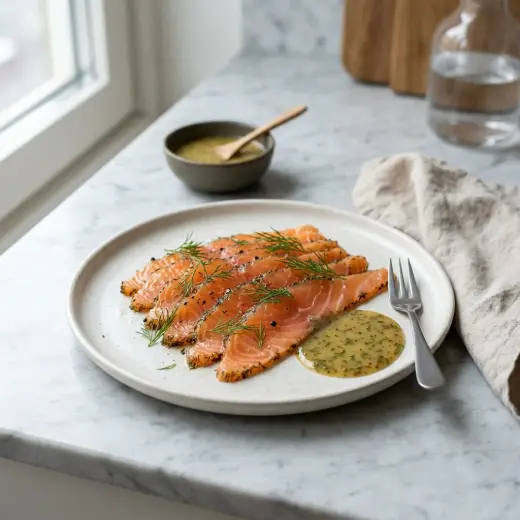 Valmis graavilohi tarjoiltuna herkullisesti kotikeittiön tapaan