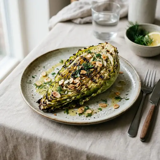 Valmis grillattu suippokaali tarjoiltuna herkullisesti kotikeittiön tapaan