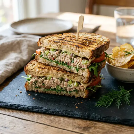 Valmis grillattu tonnikalasandwich tarjoiltuna herkullisesti kotikeittiön tapaan