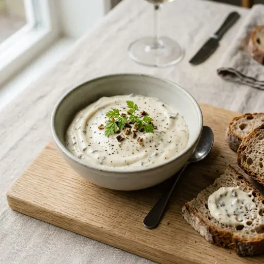 Kulhollinen herkkutattimajoneesi valmiina tarjoiltavaksi maukkaana lisukkeena