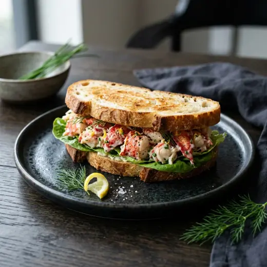Valmis hummerisandwich tarjoiltuna herkullisesti kotikeittiön tapaan