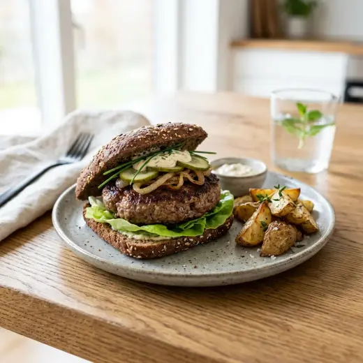 Valmis jauhelihapihvisandwich tarjoiltuna herkullisesti kotikeittiön tapaan