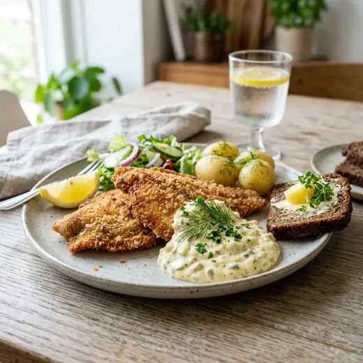 Valmis kalafilee remouladekastikkeella tarjoiltuna herkullisesti kotikeittiön tapaan