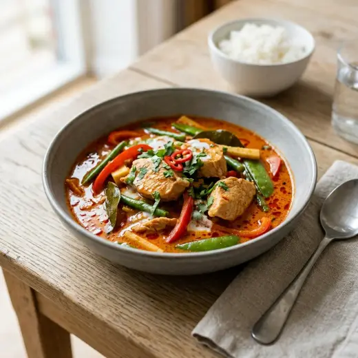 Valmis kalkkuna punaisessa curryssa tarjoiltuna herkullisesti kotikeittiön tapaan