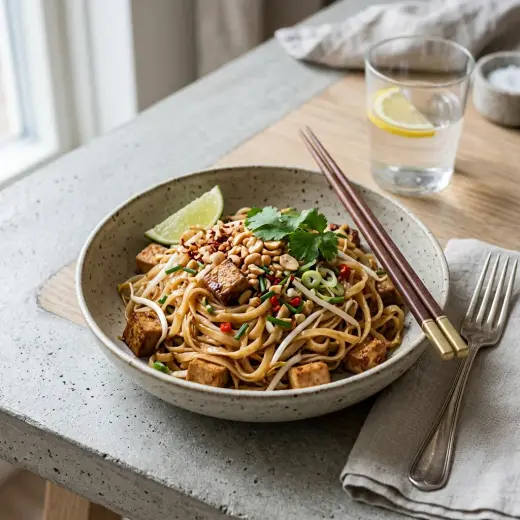 Valmis kasvis Pad Thai tarjoiltuna herkullisesti kotikeittiön tapaan