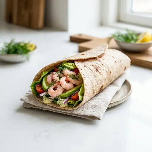 Valmis katkarapuwrap tarjoiltuna herkullisesti kotikeittiön tapaan