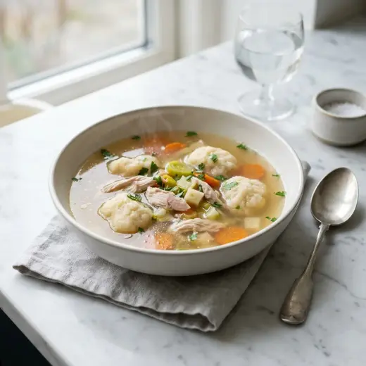 Lämmin kulhollinen kirkas kanakeitto jauhopalleroilla tarjoiltuna houkuttelevasti