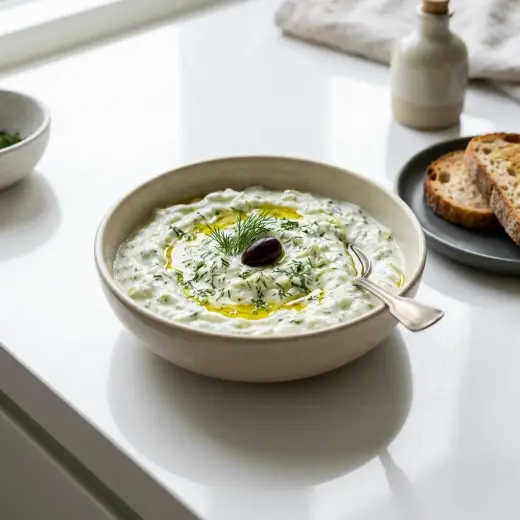Valmis klassinen tzatziki tarjoiltuna herkullisesti kotikeittiön tapaan