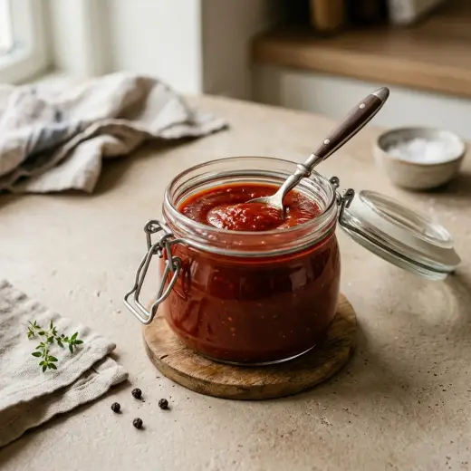 Valmis kotitekoinen ketsuppi tarjoiltuna herkullisesti kotikeittiön tapaan