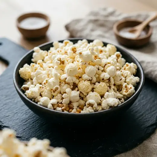 Valmis kotitekoinen popcorn tarjoiltuna herkullisesti kotikeittiön tapaan
