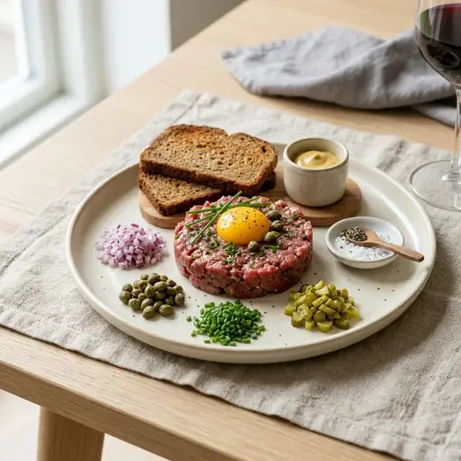 Valmis kotitekoinen tartar tarjoiltuna herkullisesti kotikeittiön tapaan