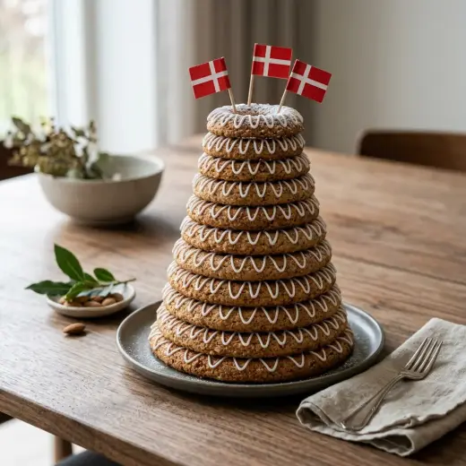 Valmis kransekage tarjoiltuna herkullisesti kotikeittiön tapaan