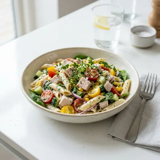 Raikas annos kylmä pastasalaatti kalkkunalla tuoreilla raaka-aineilla ja kauniilla tarjoilulla