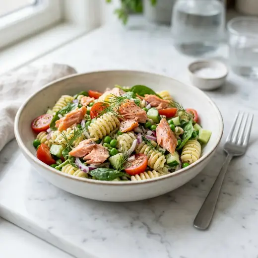Raikas annos kylmä pastasalaatti lämminsavulohella tuoreilla raaka-aineilla ja kauniilla tarjoilulla