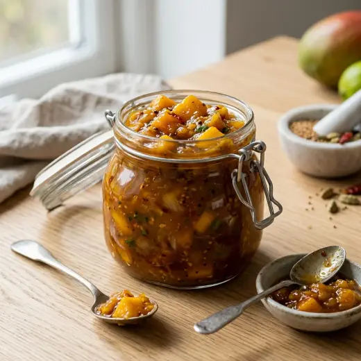 Kulhollinen mangochutney valmiina tarjoiltavaksi maukkaana lisukkeena