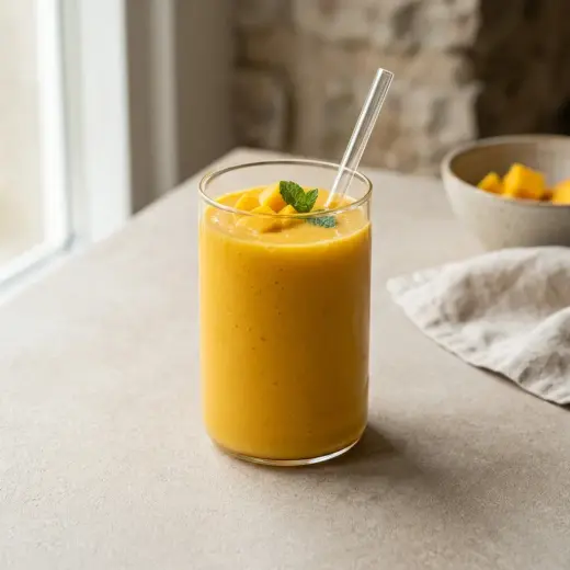 Lasillinen mangosmoothie tarjoiltuna raikkaana ja houkuttelevana