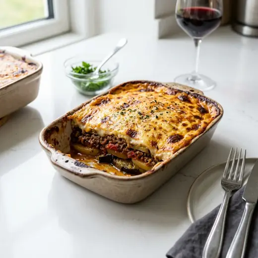 Valmis moussaka lampaalla tarjoiltuna herkullisesti kotikeittiön tapaan
