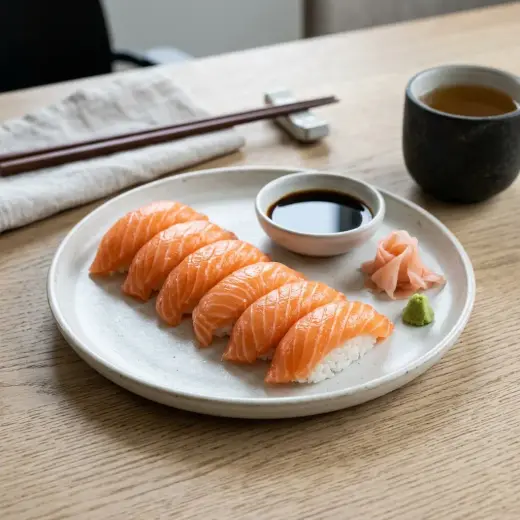 Valmis nigiri lohella tarjoiltuna herkullisesti kotikeittiön tapaan