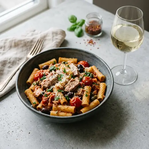 Valmis one pot -pasta tonnikalalla tarjoiltuna herkullisesti kotikeittiön tapaan