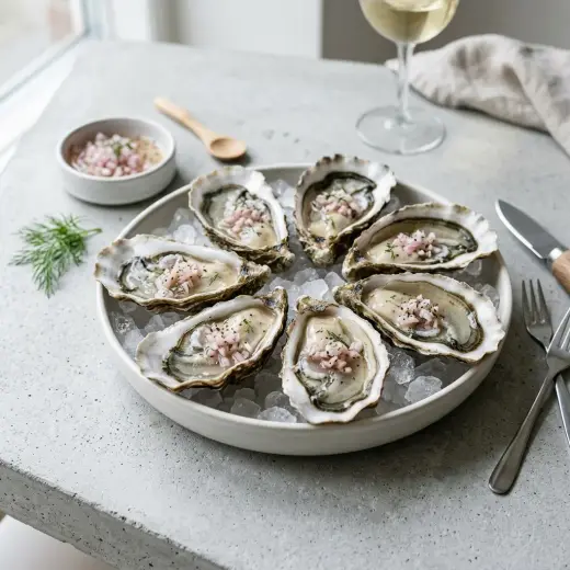 Valmis osterit salottisipulilla tarjoiltuna herkullisesti kotikeittiön tapaan