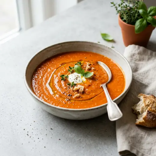 Lämmin kulhollinen paahdettu paprikakeitto tarjoiltuna houkuttelevasti