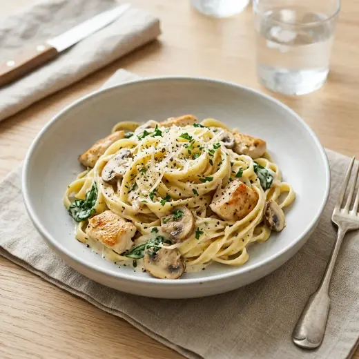 Valmis pasta kanalla ja kermakastikkeella tarjoiltuna herkullisesti kotikeittiön tapaan