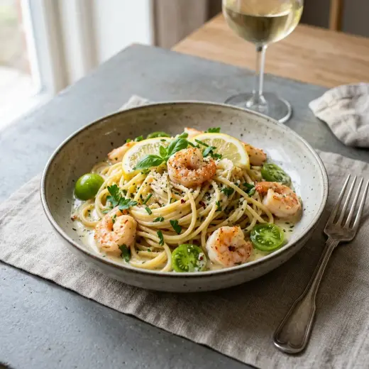 Valmis pasta katkaravuilla ja valkoviinikastikkeella tarjoiltuna herkullisesti kotikeittiön tapaan