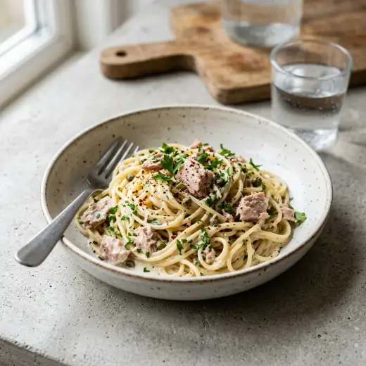Valmis pasta tonnikalalla ja kermakastikkeella tarjoiltuna herkullisesti kotikeittiön tapaan