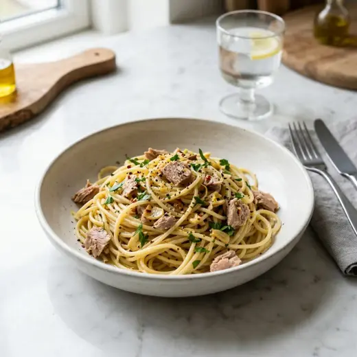 Valmis pasta tonnikalalla ja valkosipulilla tarjoiltuna herkullisesti kotikeittiön tapaan
