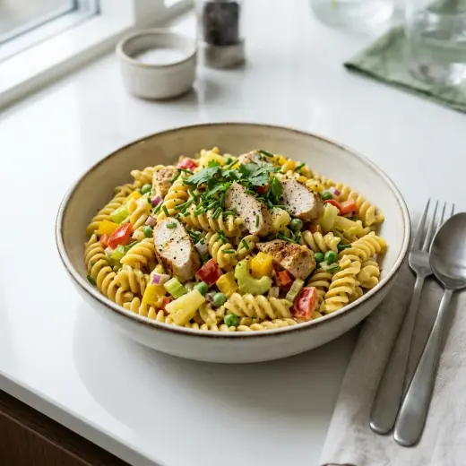 Raikas annos pastasalaatti kanalla ja currylla tuoreilla raaka-aineilla ja kauniilla tarjoilulla