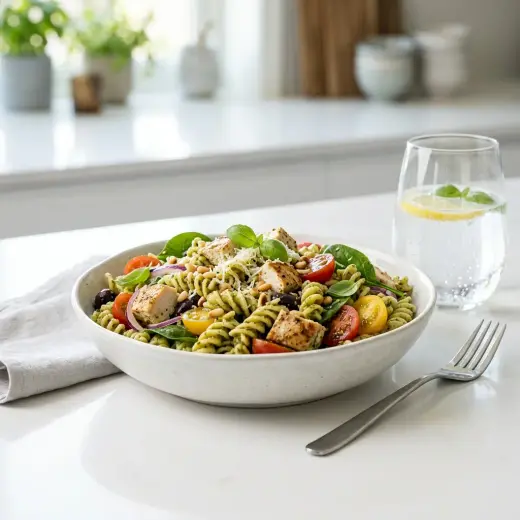 Pastasalaatti kanalla ja pestolla tarjoiltuna valmiina salaattina