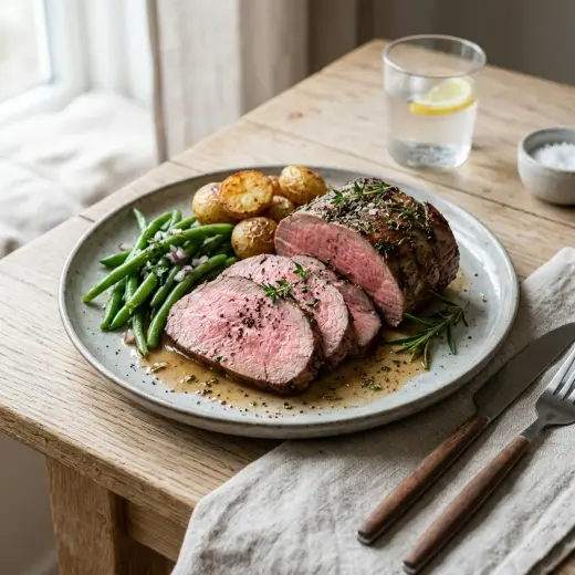 Valmis perinteinen roastbeef tarjoiltuna herkullisesti kotikeittiön tapaan