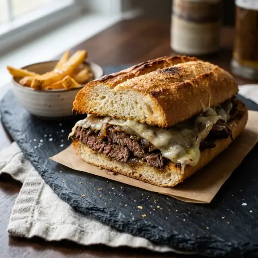 Valmis philly cheesesteak sandwich tarjoiltuna herkullisesti kotikeittiön tapaan